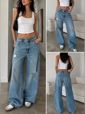 Express Baggy Wide Leg Distressed Jeans Medium Wash Y2K Skater Style Denim | 6